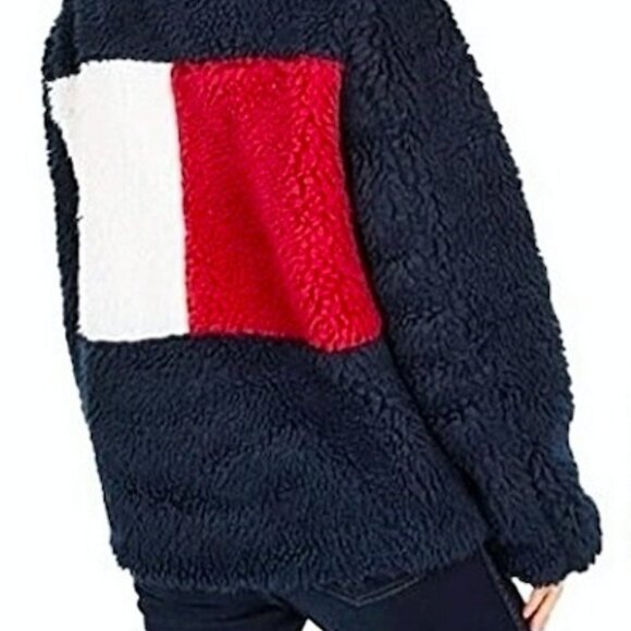 NWT Tommy Hilfiger Warm Teddy Sherpa Jacket Navy blue red white logo - Picture 2 of 6